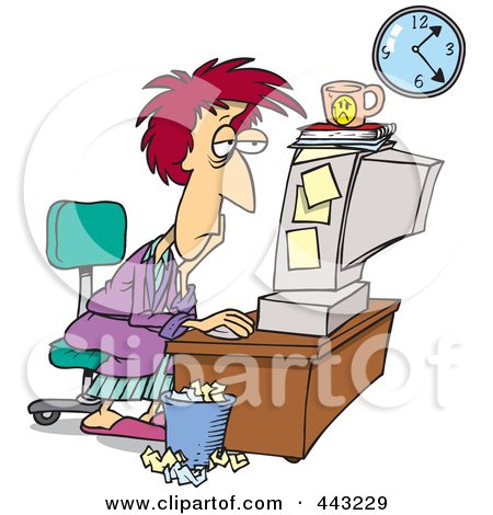 Royalty-Free (RF) Clip Art Illustration of a Cartoon Tired Woman Trying To Meet Her Deadline by toonaday