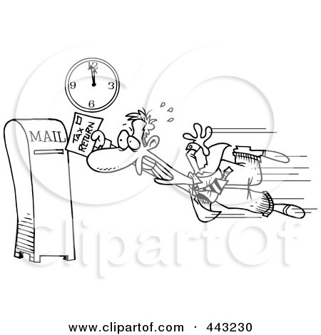 Royalty-Free (RF) Clip Art Illustration of a Cartoon Black And White Outline Design Of A Tax Payer Nearly Missing The Deadline by toonaday