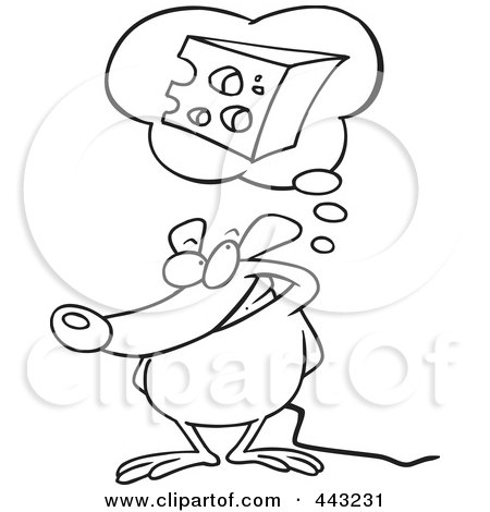 Royalty-Free (RF) Clip Art Illustration of a Cartoon Black And White Outline Design Of A Mouse Daydreaming Of Cheese by toonaday