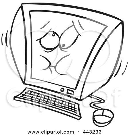 Royalty-Free (RF) Clip Art Illustration of a Cartoon Black And White Outline Design Of A Bloating Computer by toonaday