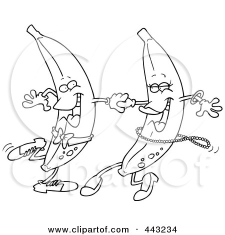 Royalty-Free (RF) Clip Art Illustration of a Cartoon Black And White Outline Design Of A Banana Couple Dancing by toonaday