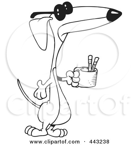 Royalty-Free (RF) Clip Art Illustration of a Cartoon Black And White Outline Design Of A Wiener Dog Holding A Pencil Cup by toonaday