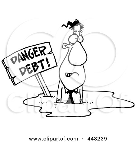 Royalty-Free (RF) Clip Art Illustration of a Cartoon Black And White Outline Design Of A Businessman Drowning In Debt by toonaday