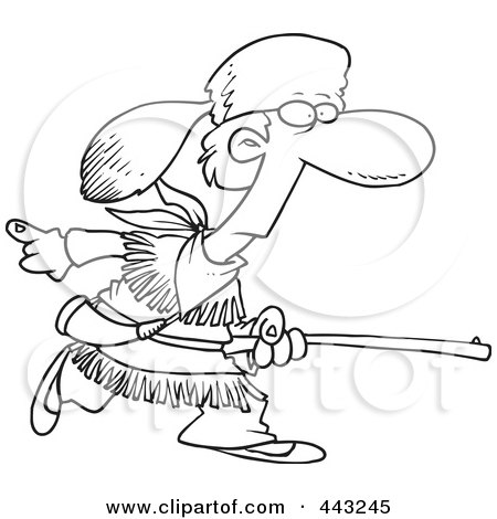 Royalty-Free (RF) Clip Art Illustration of a Cartoon Black And White Outline Design Of Davey Crocket Hunting by toonaday