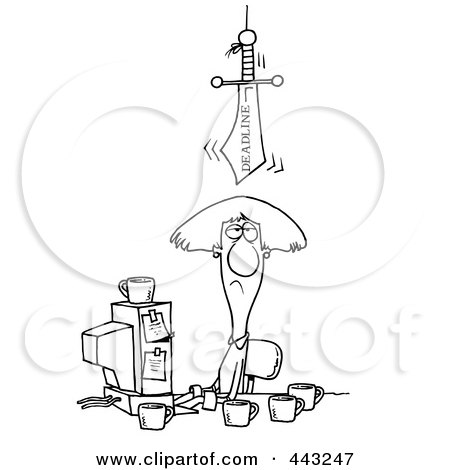 Royalty-Free (RF) Clip Art Illustration of a Cartoon Black And White Outline Design Of A Deadline Sword Looming Over A Businesswoman by toonaday