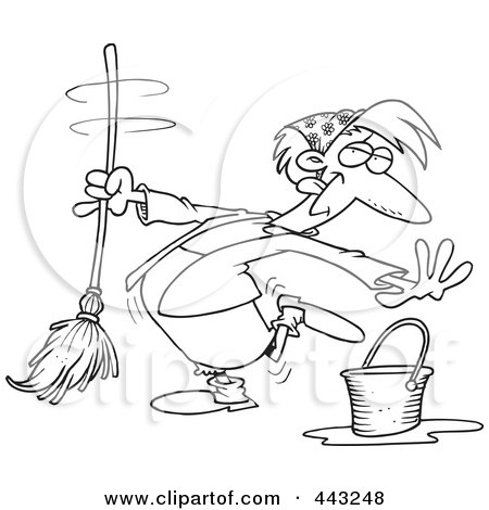 Royalty-Free (RF) Clip Art Illustration of a Cartoon Black And White Outline Design Of A Woman Dancing And Mopping by toonaday