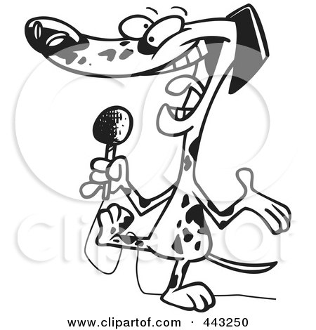 Royalty-Free (RF) Clip Art Illustration of a Cartoon Black And White Outline Design Of A Dalmatian Using A Microphone by toonaday