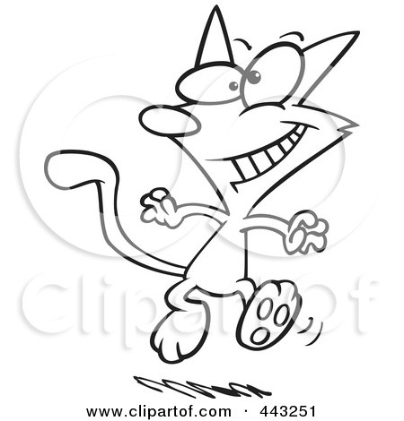 Royalty-Free (RF) Clip Art Illustration of a Cartoon Black And White Outline Design Of A Dancing Cat by toonaday
