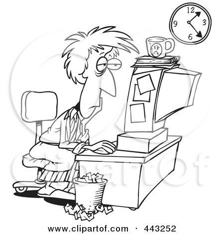 Royalty-Free (RF) Clip Art Illustration of a Cartoon Black And White Outline Design Of A Tired Woman Trying To Meet Her Deadline by toonaday