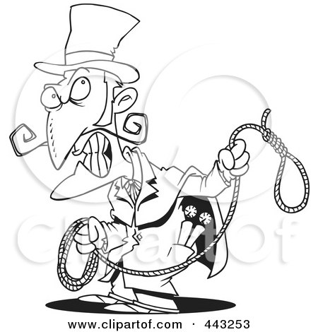 Royalty-Free (RF) Clip Art Illustration of a Cartoon Black And White Outline Design Of An Evil Man With A Noose by toonaday