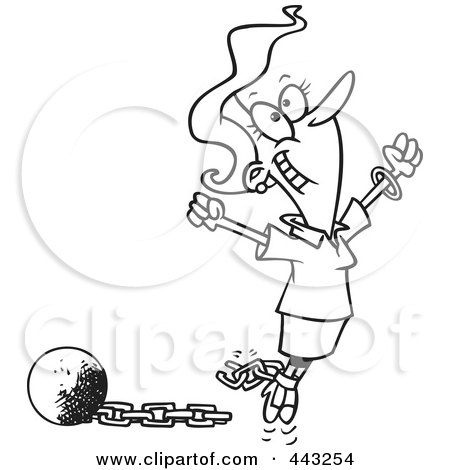 Royalty-Free (RF) Clip Art Illustration of a Cartoon Black And White Outline Design Of A Woman Breaking Free From Debt by toonaday
