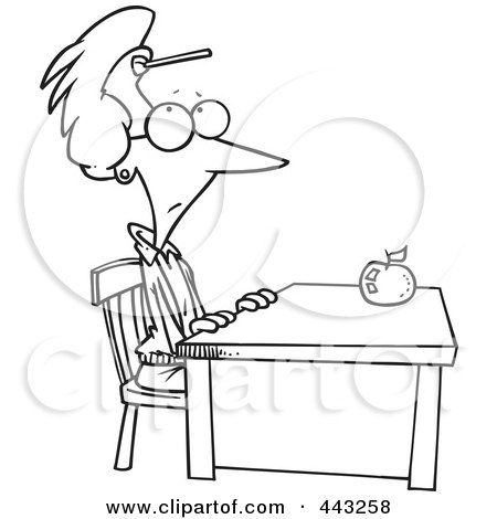 Royalty-Free (RF) Clip Art Illustration of a Cartoon Black And White Outline Design Of A Teacher Sitting At Her Desk With A Dart On Her Forehead by toonaday