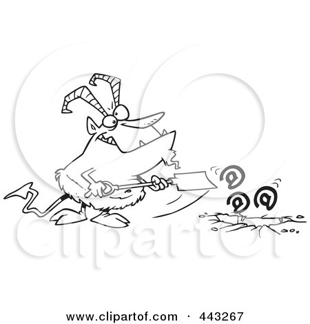 Royalty-Free (RF) Clip Art Illustration of a Cartoon Black And White Outline Design Of A Demon Shoving Email Down A Hole by toonaday