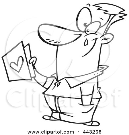 Royalty-Free (RF) Clip Art Illustration of a Cartoon Black And White Outline Design Of A Touched Dad Holding A Father's Day Card by toonaday