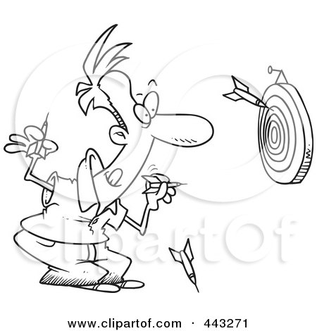 Royalty-Free (RF) Clip Art Illustration of a Cartoon Black And White Outline Design Of A Man Throwing Darts by toonaday