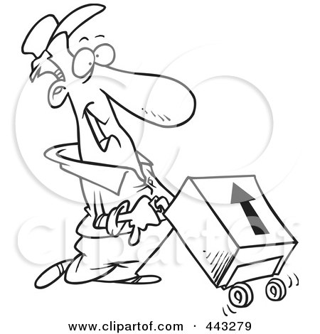 Royalty-Free (RF) Clip Art Illustration of a Cartoon Black And White Outline Design Of A Delivery Man With A Package On A Dolly by toonaday