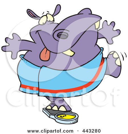 Royalty-Free (RF) Clip Art Illustration of a Cartoon Hippo Trying To Deceive A Scale by toonaday