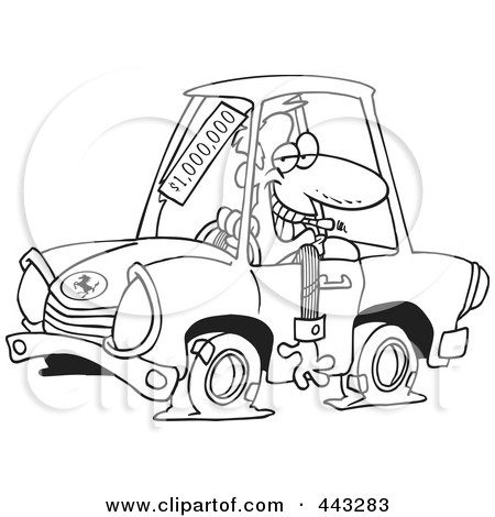 Royalty-Free (RF) Clip Art Illustration of a Cartoon Black And White Outline Design Of A Deceptive Car Salesman by toonaday