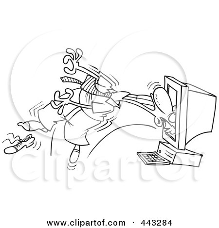Royalty-Free (RF) Clip Art Illustration of a Cartoon Black And White Outline Design Of A Computer Sucking In A Businessman by toonaday