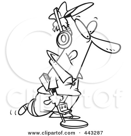 Royalty-Free (RF) Clip Art Illustration of a Cartoon Black And White Outline Design Of A Man Using A Metal Detector by toonaday