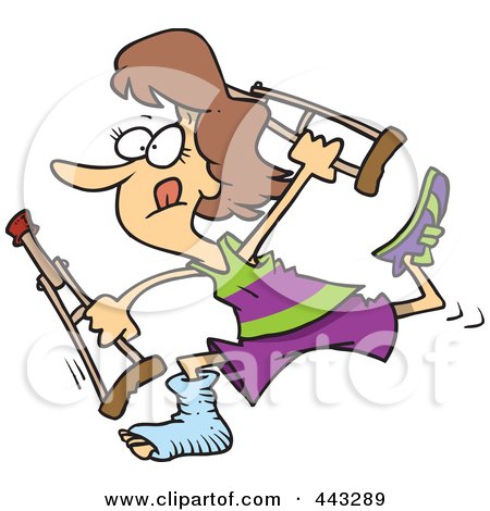 Royalty-Free (RF) Clip Art Illustration of a Cartoon Determined Woman Running With Crutches by toonaday