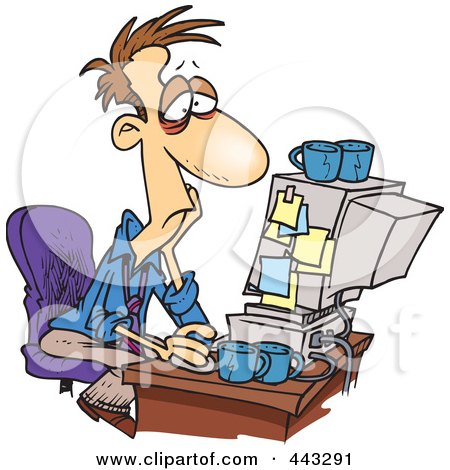 Royalty-Free (RF) Clip Art Illustration of a Cartoon Exhausted Man Working On A Computer by toonaday