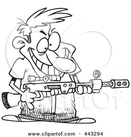 Royalty-Free (RF) Clip Art Illustration of a Cartoon Black And White Outline Design Of A Demented Man Holding A Gun by toonaday