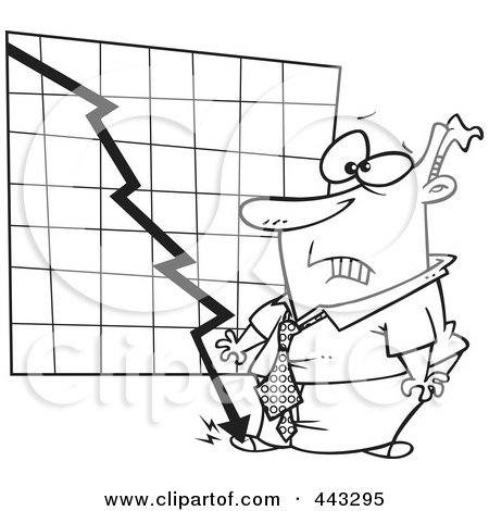 Royalty-Free (RF) Clip Art Illustration of a Cartoon Black And White Outline Design Of A Chart Crashing Into A Businessman's Foo by toonaday