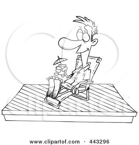 Royalty-Free (RF) Clip Art Illustration of a Cartoon Black And White Outline Design Of A Man Relaxing On A New Deck by toonaday