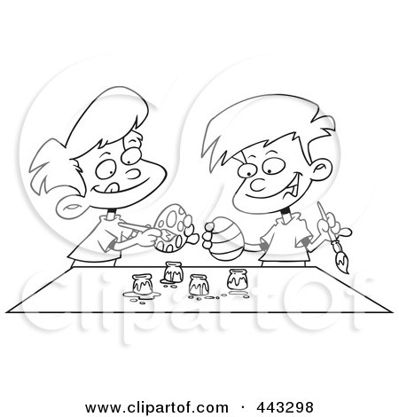 Royalty-Free (RF) Clip Art Illustration of a Cartoon Black And White Outline Design Of Boys Painting Easter Eggs by toonaday