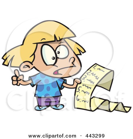 Royalty-Free (RF) Clip Art Illustration of a Cartoon Girl Reading A List Of Demands by toonaday