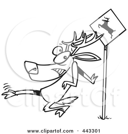 Royalty-Free (RF) Clip Art Illustration of a Cartoon Black And White Outline Design Of A Crossing Deer by toonaday