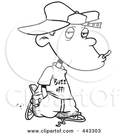 Royalty-Free (RF) Clip Art Illustration of a Cartoon Black And White Outline Design Of A Delinquent Boy Smoking by toonaday