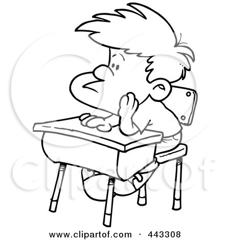 Royalty-Free (RF) Clip Art Illustration of a Cartoon Black And White Outline Design Of A Bored School Boy In Detention by toonaday