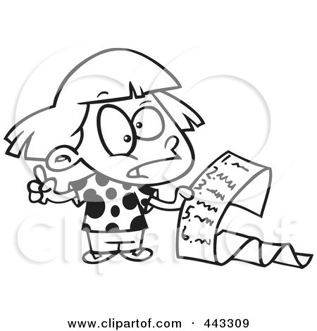 Royalty-Free (RF) Clip Art Illustration of a Cartoon Black And White Outline Design Of A Girl Reading A List Of Demands by toonaday