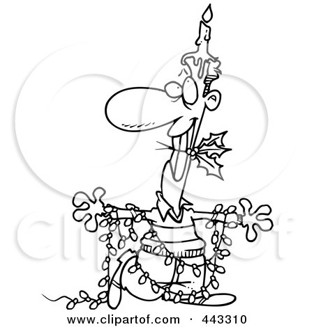 Royalty-Free (RF) Clip Art Illustration of a Cartoon Black And White Outline Design Of A Christmas Man In Lights, With A Candle And Holly by toonaday