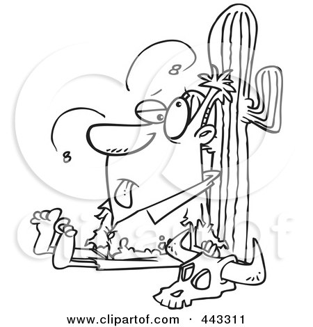Royalty-Free (RF) Clip Art Illustration of a Cartoon Black And White Outline Design Of A Man Stranded In The Desert by toonaday
