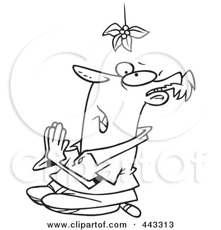Royalty-Free (RF) Clip Art Illustration of a Cartoon Black And White Outline Design Of A Desperate Man Praying Under Mistletoe by toonaday