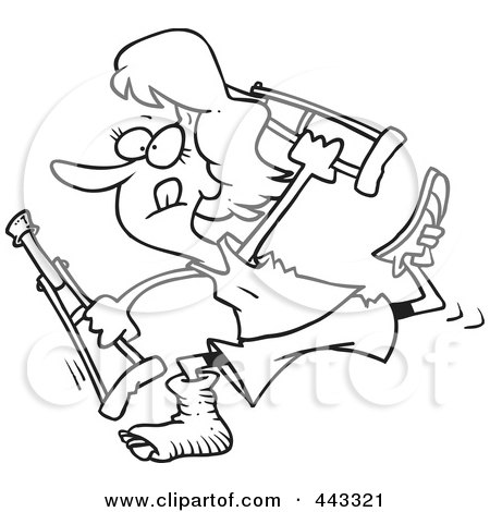 Royalty-Free (RF) Clip Art Illustration of a Cartoon Black And White Outline Design Of A Determined Woman Running With Crutches by toonaday