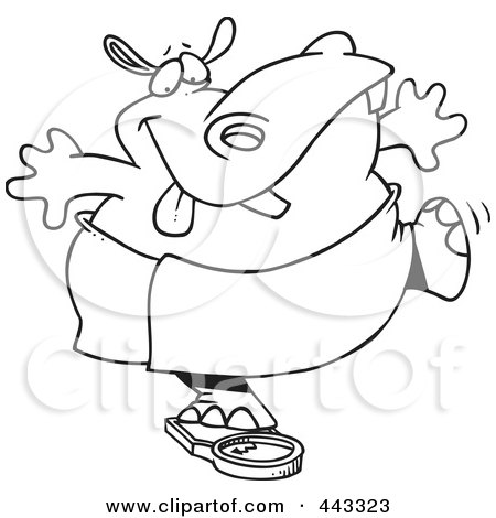 Royalty-Free (RF) Clip Art Illustration of a Cartoon Black And White Outline Design Of A Hippo Trying To Deceive A Scale by toonaday