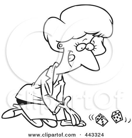 Royalty-Free (RF) Clip Art Illustration of a Cartoon Black And White Outline Design Of A Businesswoman Kneeling And Rolling Dice by toonaday