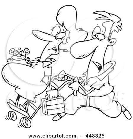 Royalty-Free (RF) Clip Art Illustration of a Cartoon Black And White Outline Design Of A Man Pushing His Pregnant Wife On A Dolly by toonaday