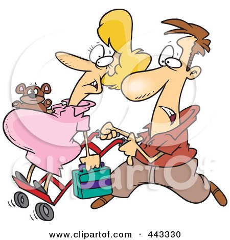 Royalty-Free (RF) Clip Art Illustration of a Cartoon Man Pushing His Pregnant Wife On A Dolly by toonaday