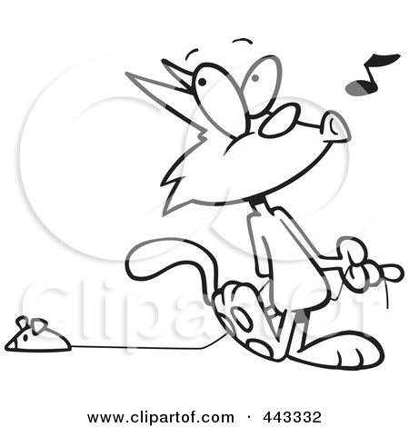 Royalty-Free (RF) Clip Art Illustration of a Cartoon Black And White Outline Design Of A Cat Whistling And Pulling A Mouse Toy by toonaday