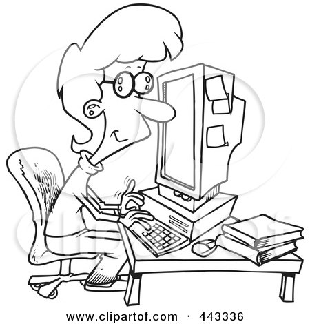 Royalty-Free (RF) Clip Art Illustration of a Cartoon Black And White Outline Design Of A Businesswoman Working On A Computer by toonaday