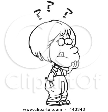 Royalty-Free (RF) Clip Art Illustration of a Cartoon Black And White Outline Design Of A Girl Deciding by toonaday