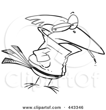 Royalty-Free (RF) Clip Art Illustration of a Cartoon Black And White Outline Design Of A Delinquent Bird Smoking by toonaday
