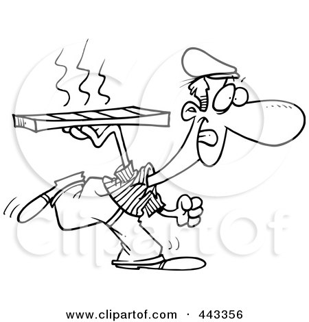 Royalty-Free (RF) Clip Art Illustration of a Cartoon Black And White Outline Design Of A Pizza Delivery Man Running by toonaday
