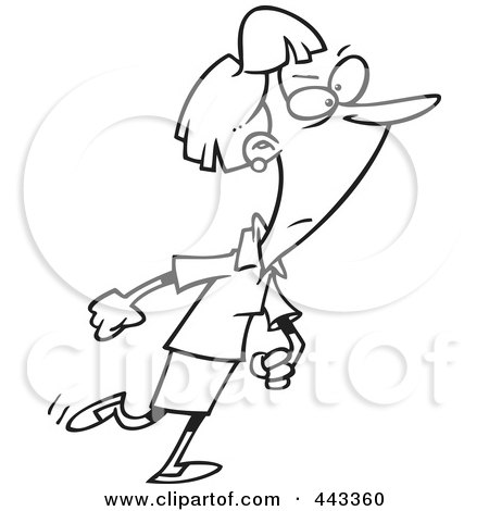 Royalty-Free (RF) Clip Art Illustration of a Cartoon Black And White Outline Design Of A Determined Woman Stomping by toonaday