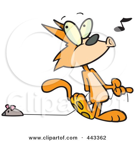 Royalty-Free (RF) Clip Art Illustration of a Cartoon Cat Whistling And Pulling A Mouse Toy by toonaday